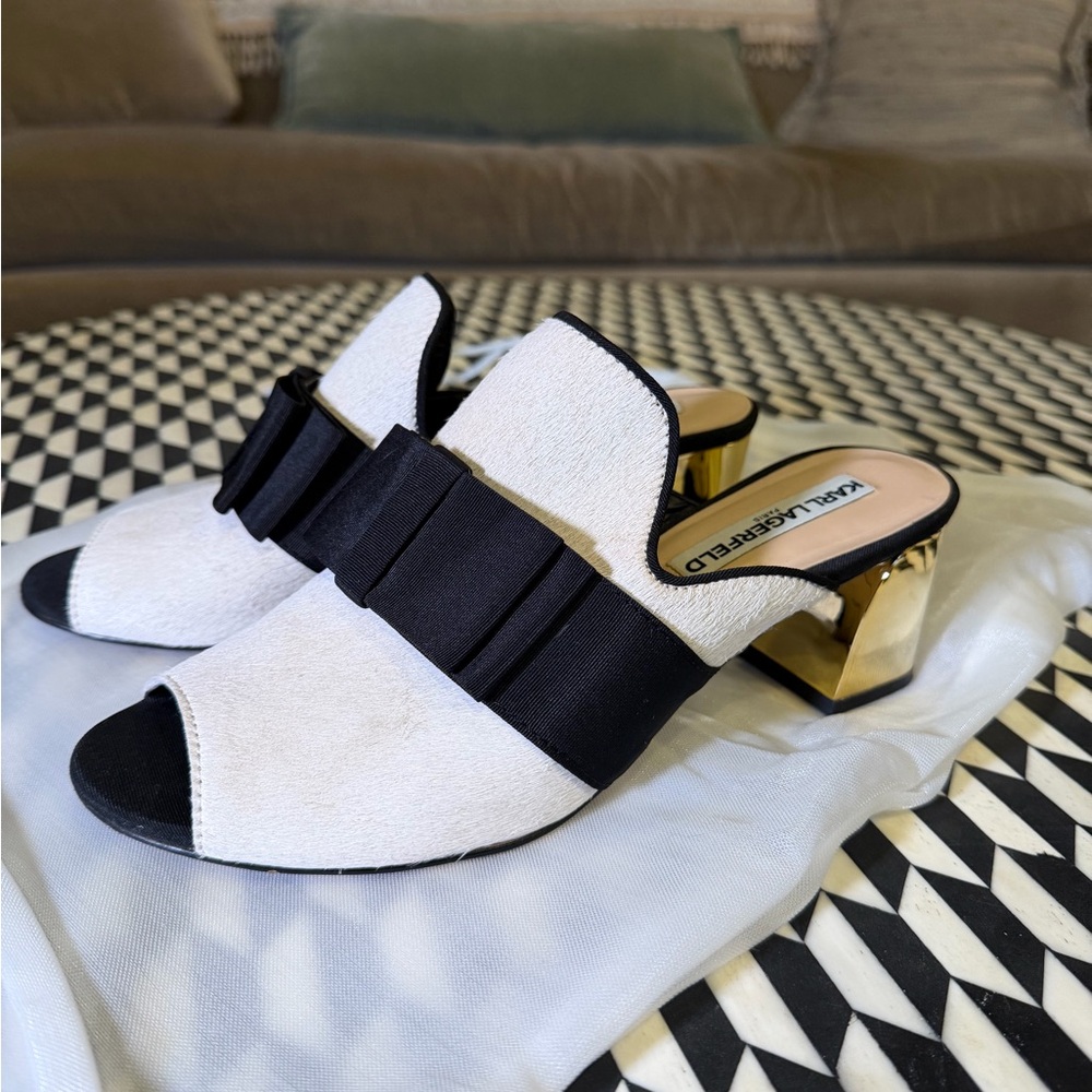 Karl Lagerfeld Paris Calf Hair Mule Sandals | Gold Block Heel | Size 8.5